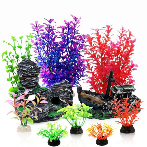 Aquarium Decorations Accessories 10Packs- Fish Tank Decor Kit with Artificial Plants, Rockery Mountain Cave & Sunken Shipwreck Ornaments Multiple Colors
