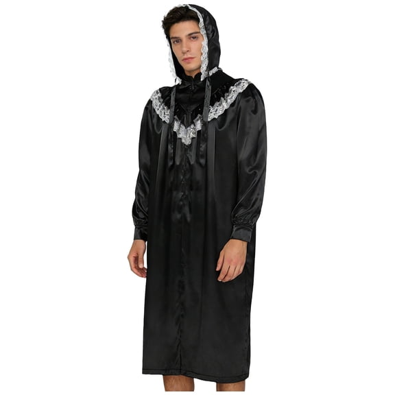vastwit Men's Lace Trim Satiny Nightgowns Victorian Long Sleeve Sleepshirt with Bonnet Vintage Sleepwear Set Black 3XL