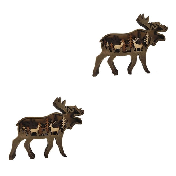 Inteprter Decoración navideña de con forma de Animal, alce, oso pardo, adornos para el hogar, decoración artesanal tallada a mano, Alce 2piezas