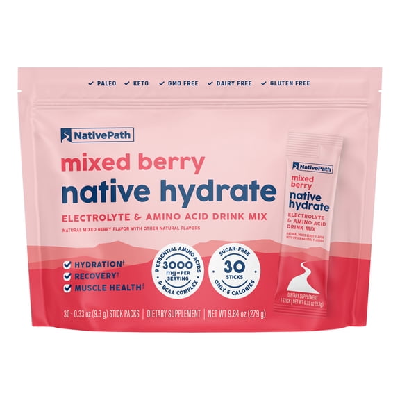 NativePath Hydrate Electrolyte Stick Packets Mixed Berry, Zero Sugar, BCAAs, Keto, 30 Count