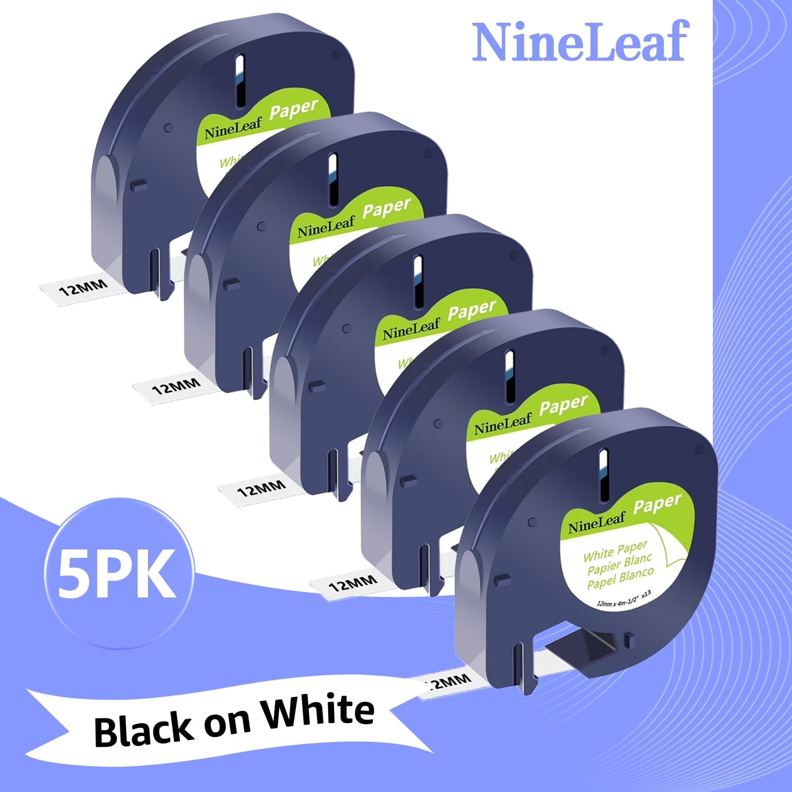 (3 pack) NineLeaf 5PK Compatible for DYMO LetraTag Refills 91330 12mm 1/2'' Black on White Paper Label Maker Tape