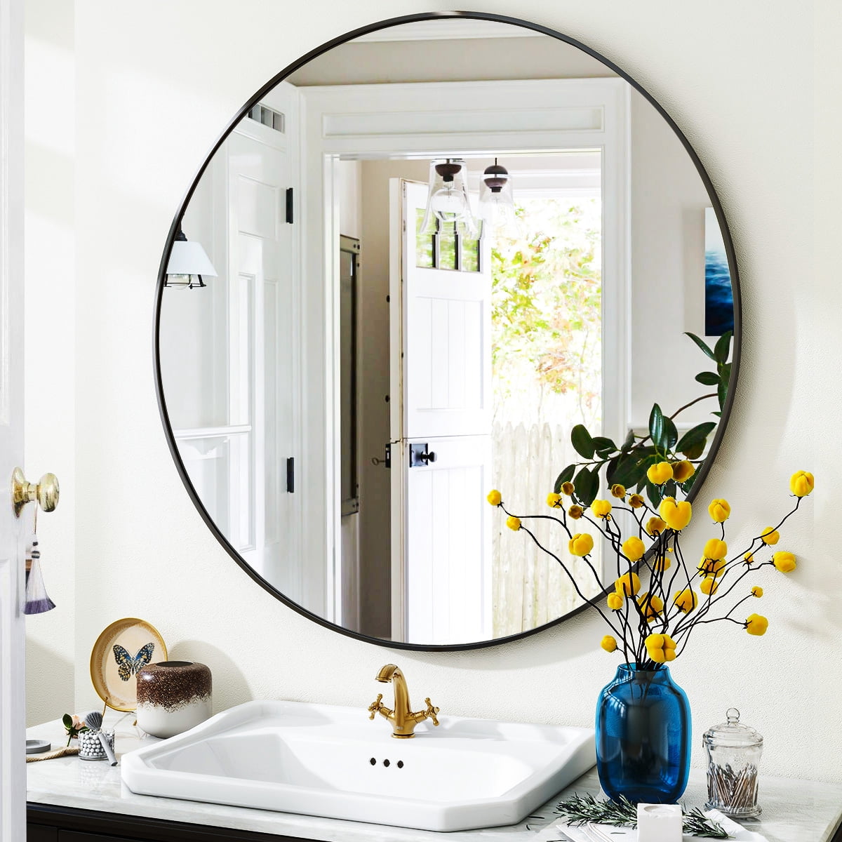 Lumora 30" Round Bathroom Mirror Wall Mirror Metal Frame Circle Mirror, Black