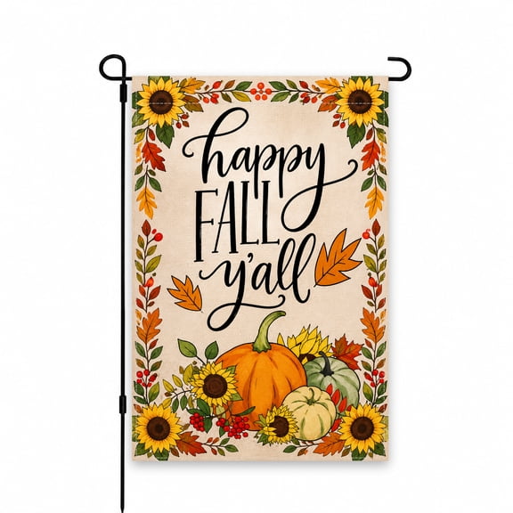 Happy Fall Y'all Garden Flag 12x18 Inch - Autumn Pumpkin & Sunflower Design - Seasonal Outdoor Decor for Yard, Lawn, Patio, Porch, or Walkway