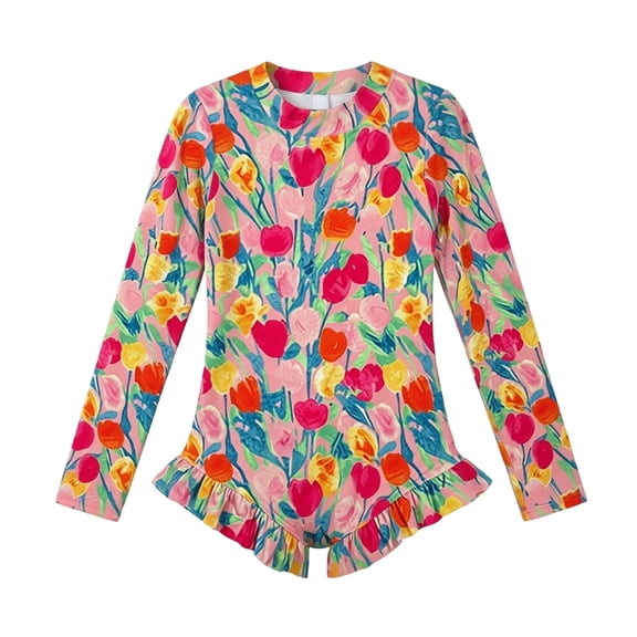 Bobifish Toddler Girls Swim Sets Floral Print Long Sleeve Sun Swimwear With Ruffle One Piece Children Girls Bathing Suit