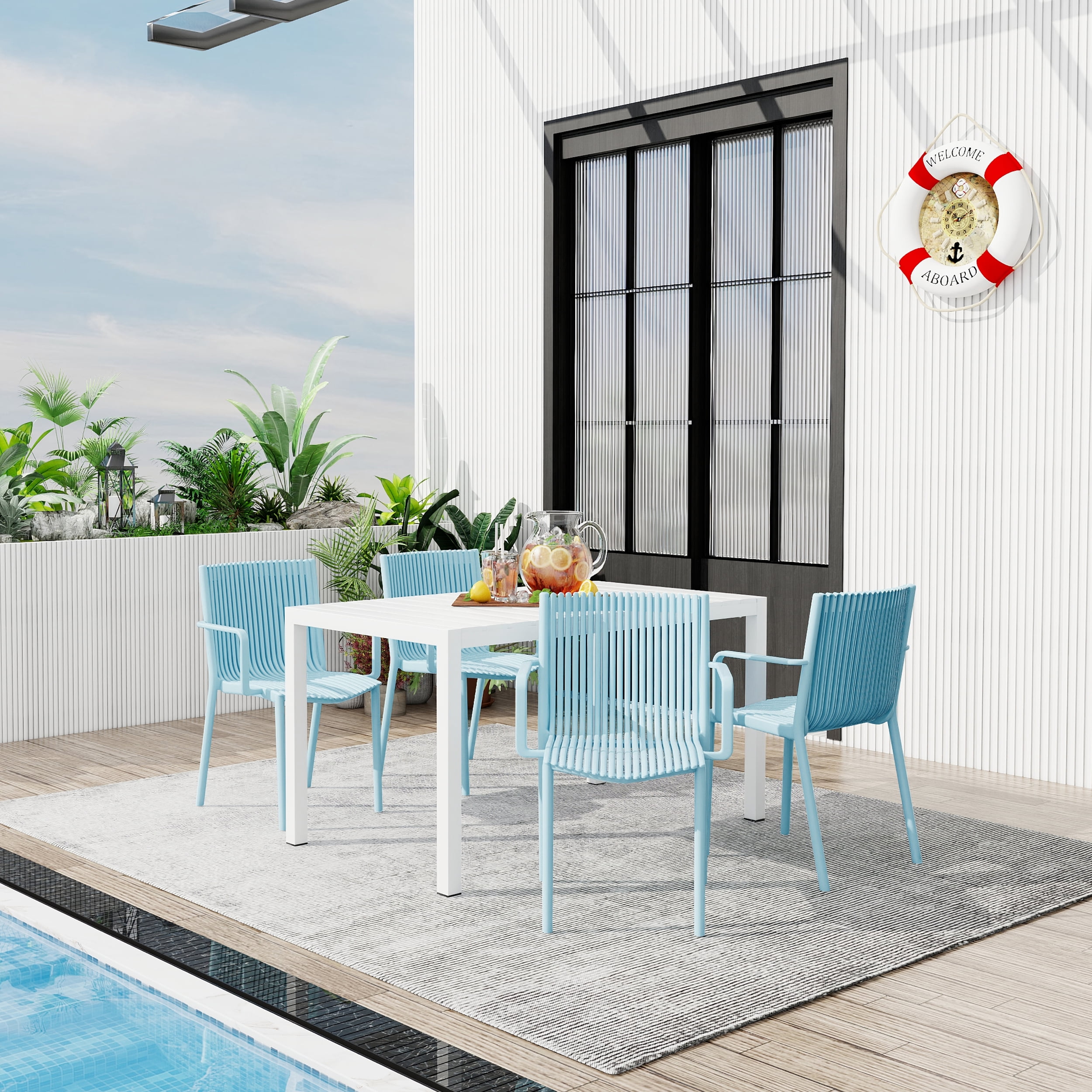 Plastic Armchair, 4 Pack Stackable Ergonomic Chair for Garden Patio Balcony Outdoor Use, Light Blue