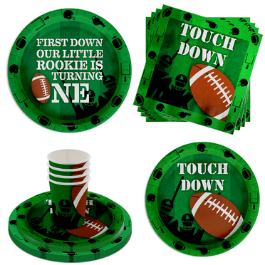 First Down Football 1st Birthday Party Supplies 64 Piece Tableware Set Includes Large 9" Paper Plates Dessert Plates, Cups and Napkins Kit for 16