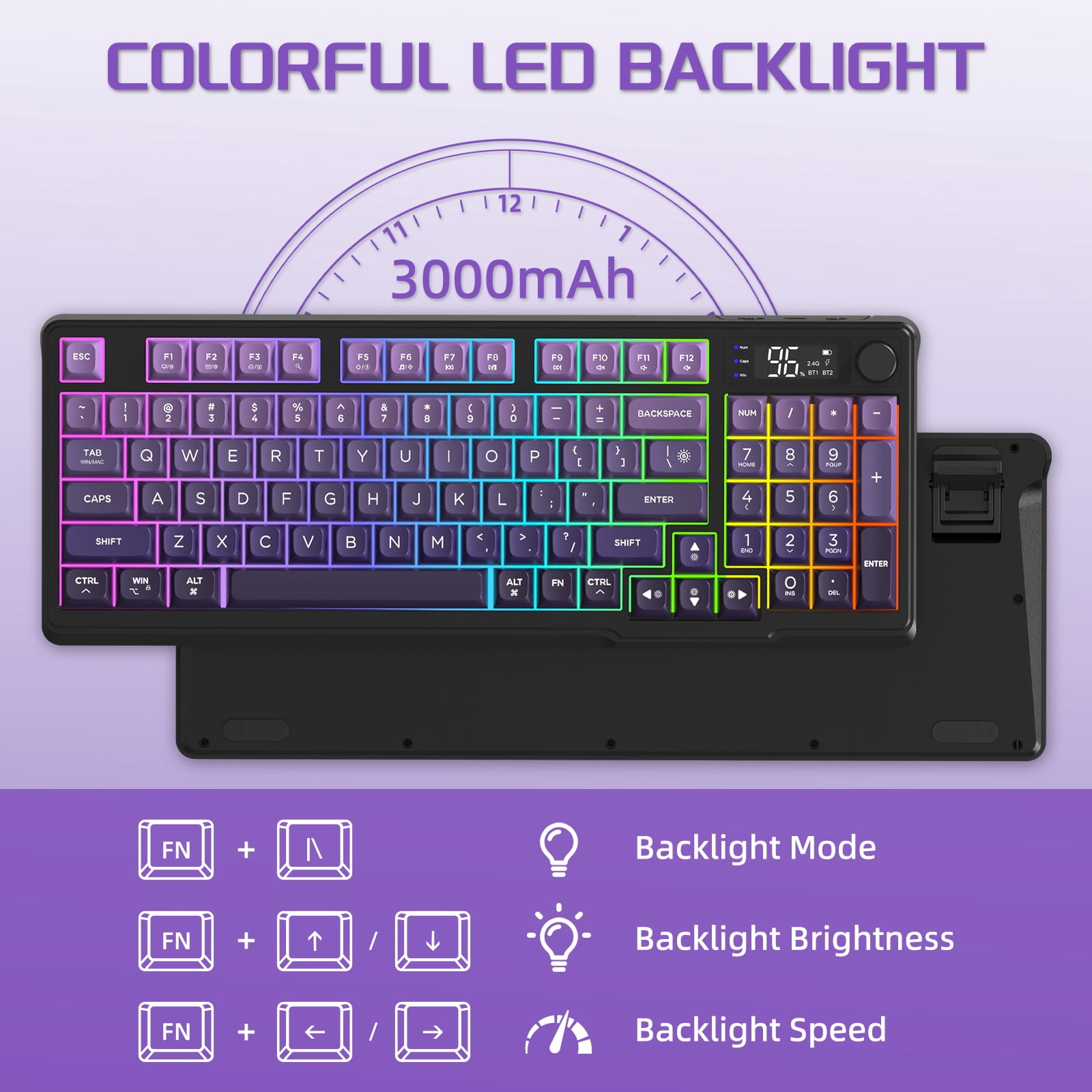 FREEWOLF M96 Wireless Gaming Keyboard Creamy Membrane with Rainbow Backlight,Media Knob,LCD Screen,Dual Mode-Bluetooth/2.4Ghz,Ball Shape PBT Keycap 94 Key...