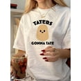 thumbnail image 1 of Women'S Vintage Crew Neck T-Shirt, Geometric-Patterned Polyester Knit Fabric, Short Sleeve Regular Length Summer Top with "Taters Conna Tate" Print, 1 of 6