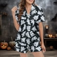 thumbnail image 5 of CAIXIA Halloween Womens Pajama Sets Silk Satin 2 Pcs Button Top with Shorts Ghost Pumpkin Print Sets Loungewear Relaxed Fit Notch Collar Sleepwear with Pockets, 5 of 9