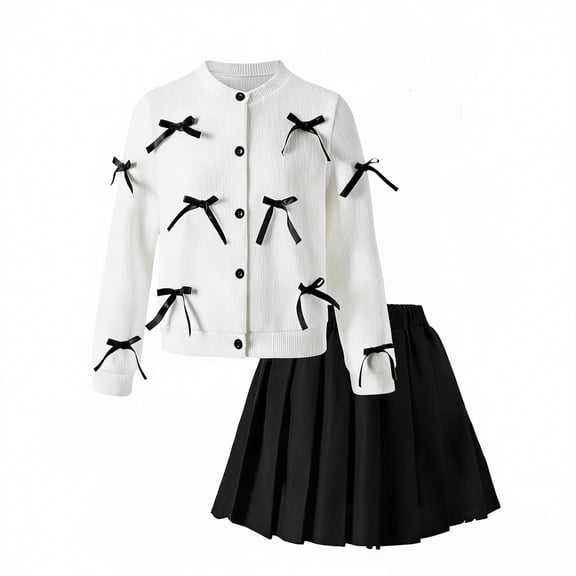 LIIPEE Girls Outfit Sets Casual Solid Color Long Sleeve Crew Neck Bowknot Decoration Texture Button Down Shirt Pleated Skirt 2 Piece Set Kids Comfortable Breathable Cute Clothing,White,8-9 Years
