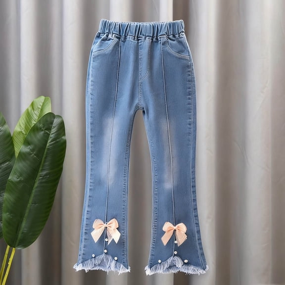 Girls Light Blue Flare Jeans with Bow & Pearl Details, Elastic Waist Frayed Hem Denim Pants for Kids to Big Kids,Size 4-5 T