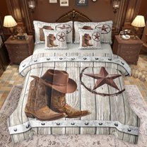 Homewish Boho Texas Stars 7pcs Bedding Comforter Set,Rustic Cowboy Boots Queen Bedding Sets,Gray Brown Queen Sheet Sets For Girls Boys,Ultra Soft Home Decor Reversible