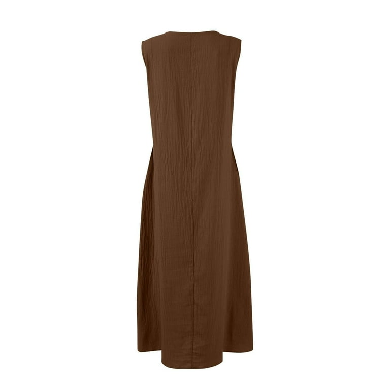 Asdoklhq Jumper Dress for Women Wedding Dress Women's Solid-Color Casual V-Neck Sleeveless Dress Coffee M