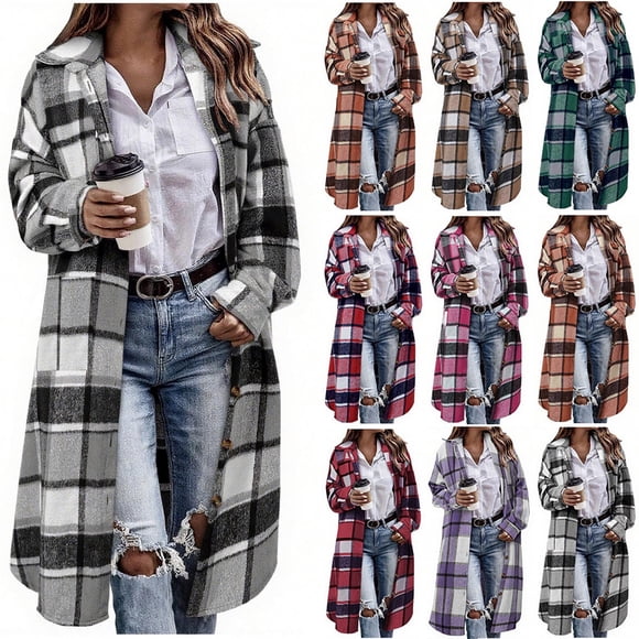 Long Flannel Jackets Women - Button Up Plaid Shirt Casual Travel Long Sleeve Plaid Jackets with Shirt Collar Pockets
