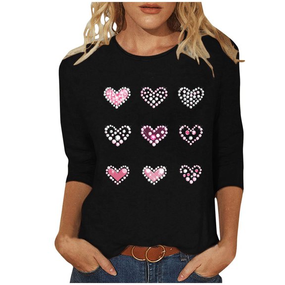 lcziwo Valentine Tshirts Shirts Women 3/4 Sleeve Tunic Tops Graphic Print Crewneck Valentine's Day Heart Tshirts Blouses 2025 Black M