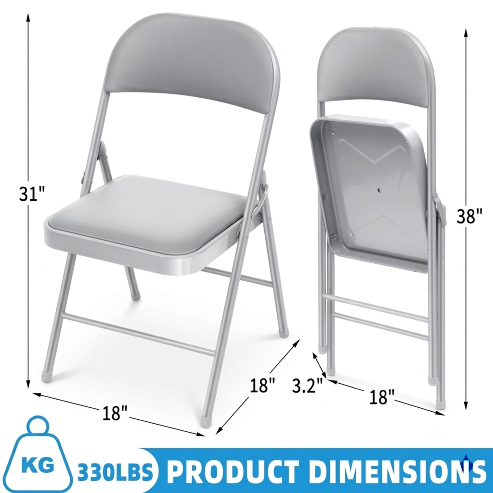 Fenbeli Fabric Padded Folding Chairs 4 Pack, Gray Foldable Chairs with 330 lb Capacity, Portable Seating for Dining Parties and Indoor Outdoor Events