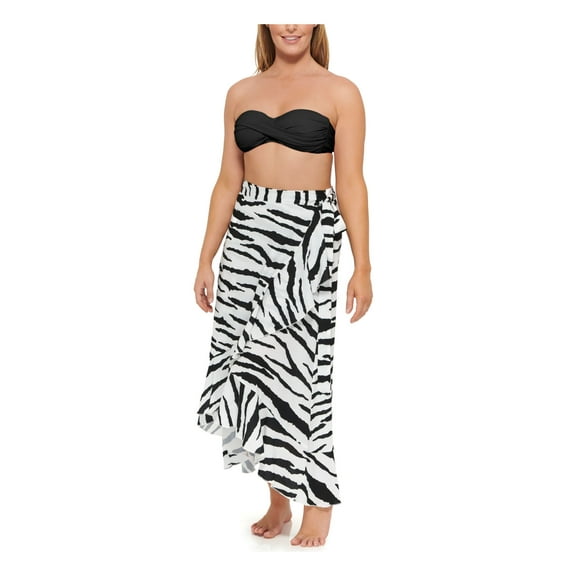DOTTI Women's White Zebra Print Tie Waist Sarong Ruffled Spell Bound Swimsuit Cover Up ONE SIZE