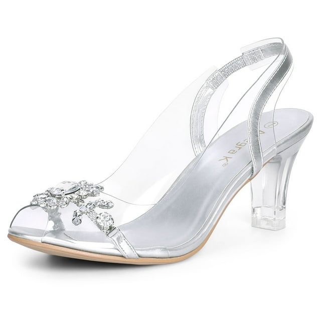 BLISSFUL STEP Sandales à Talon pour Femmes à Bride Arrière Transparente avec Fleurs et Strass