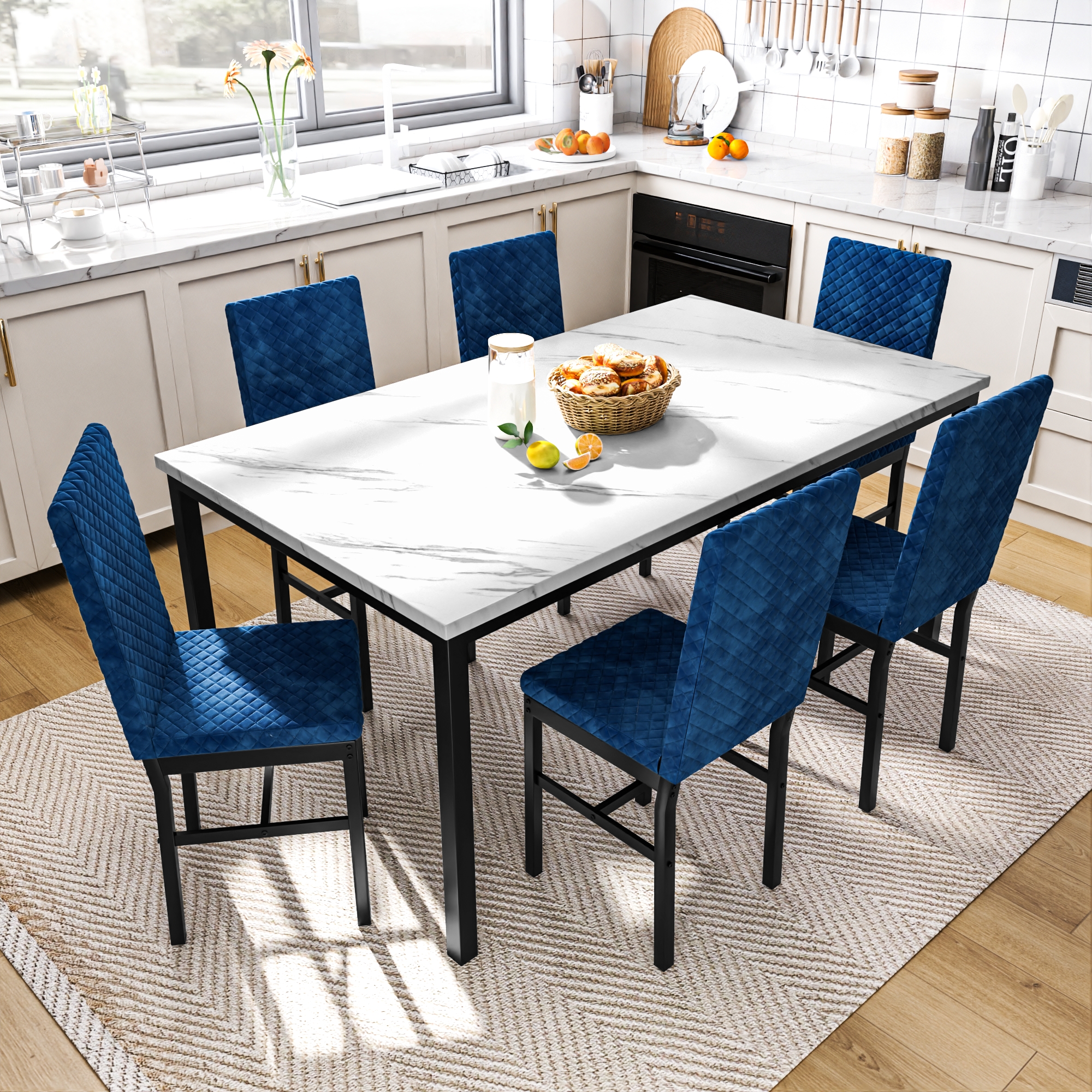 Recaceik Modern 7 Piece Dining Room Faux Marble Velvet Chairs Sets for 6, Blue