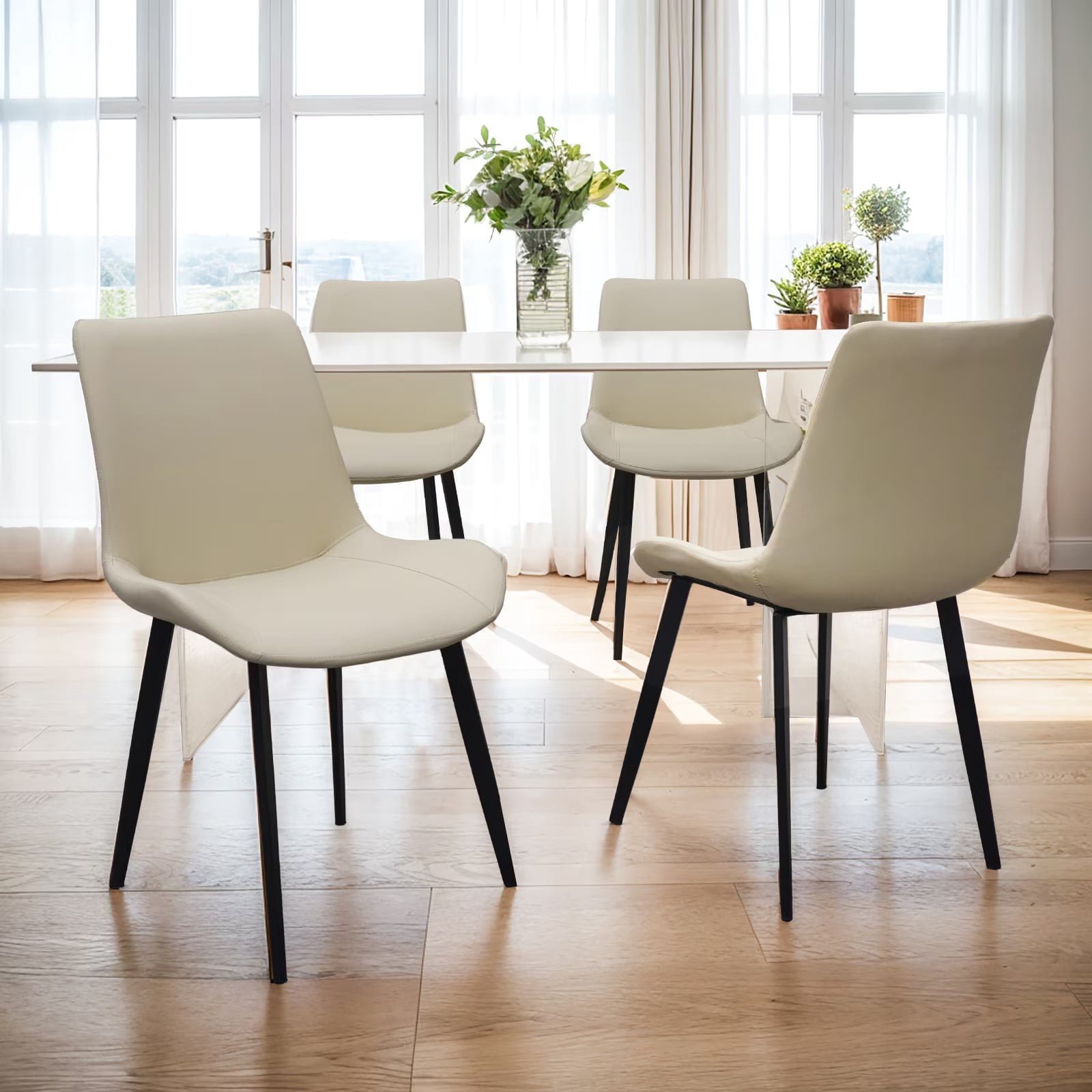 Light Grey PU Leather Dining Chairs Set of 4, Modern Upholstered Kitchen Chairs with Metal Legs, Armless Side Chairs for Dining Room, Restaurant, Living Room & Meeting Room