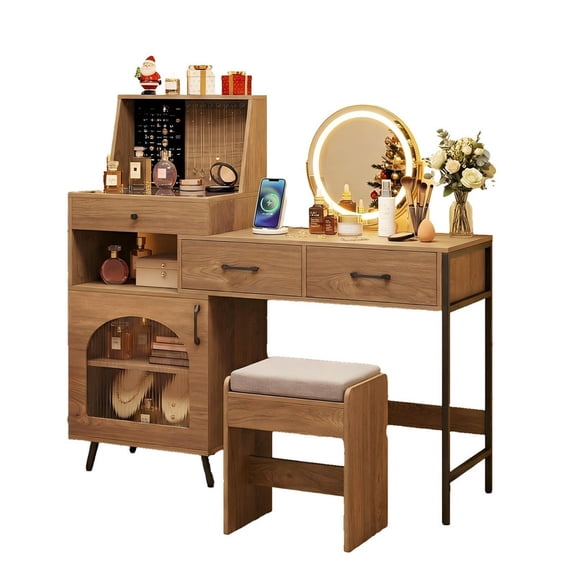 53.5" Makeup Vanity Desk Set with 360° Rotatable LED Mirror & Jewelry Storage, Tempered Glass Desktop, Vanity Desk with Charging Station and Cushioned Stool,Natural & White