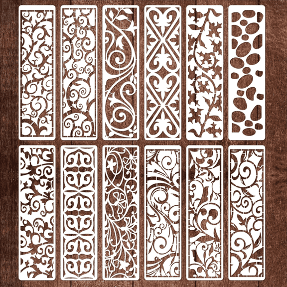 12pcs Decorative Painting Templates, Floral Border Stencils for Painting Reusable Furniture Decorative Stencils for Wood DIY Crafts Canvas Fabric
