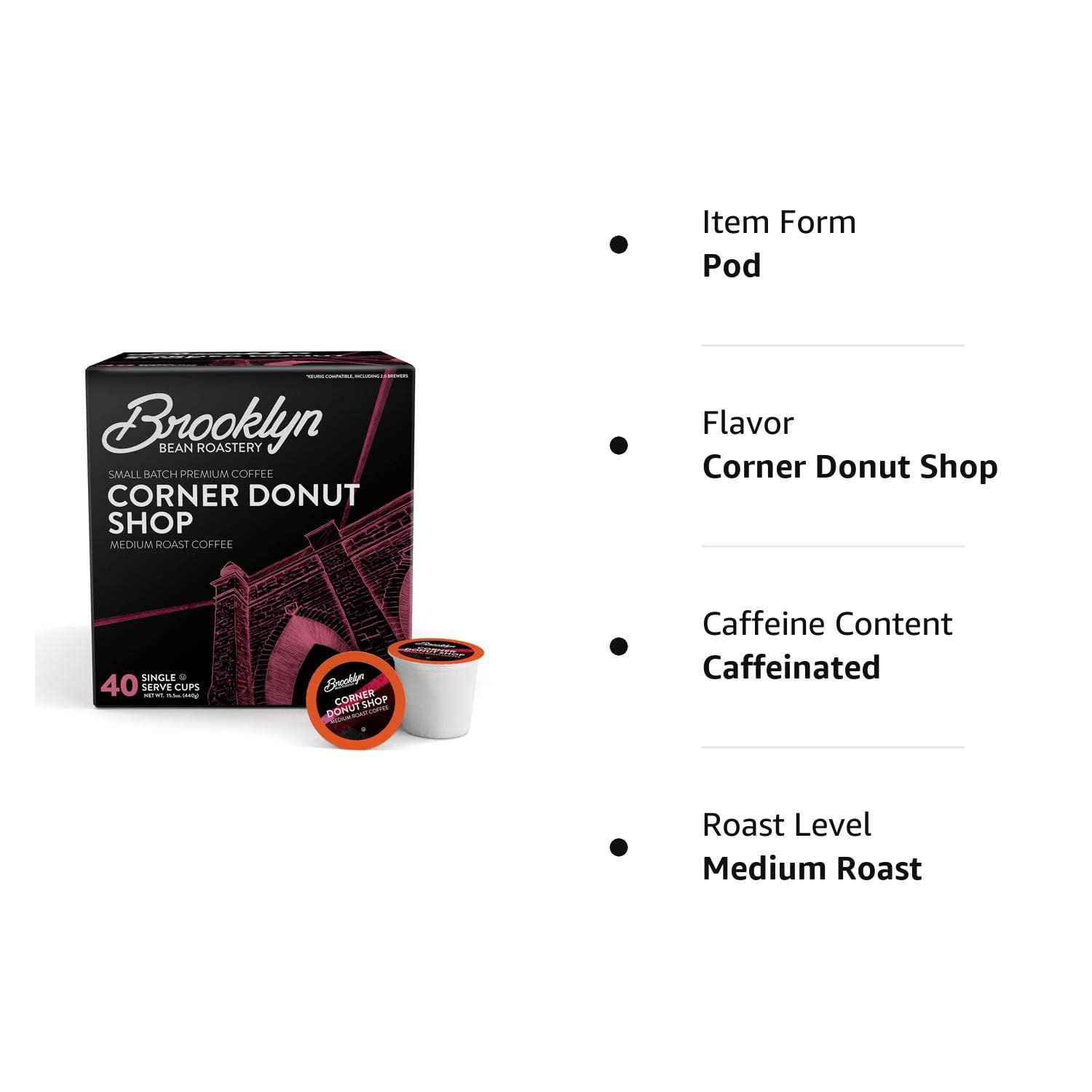 Brooklyn Bean Roastery Corner Donut Shop Coffee Pods for Single-Serve Coffee Brewers, 40-Pack