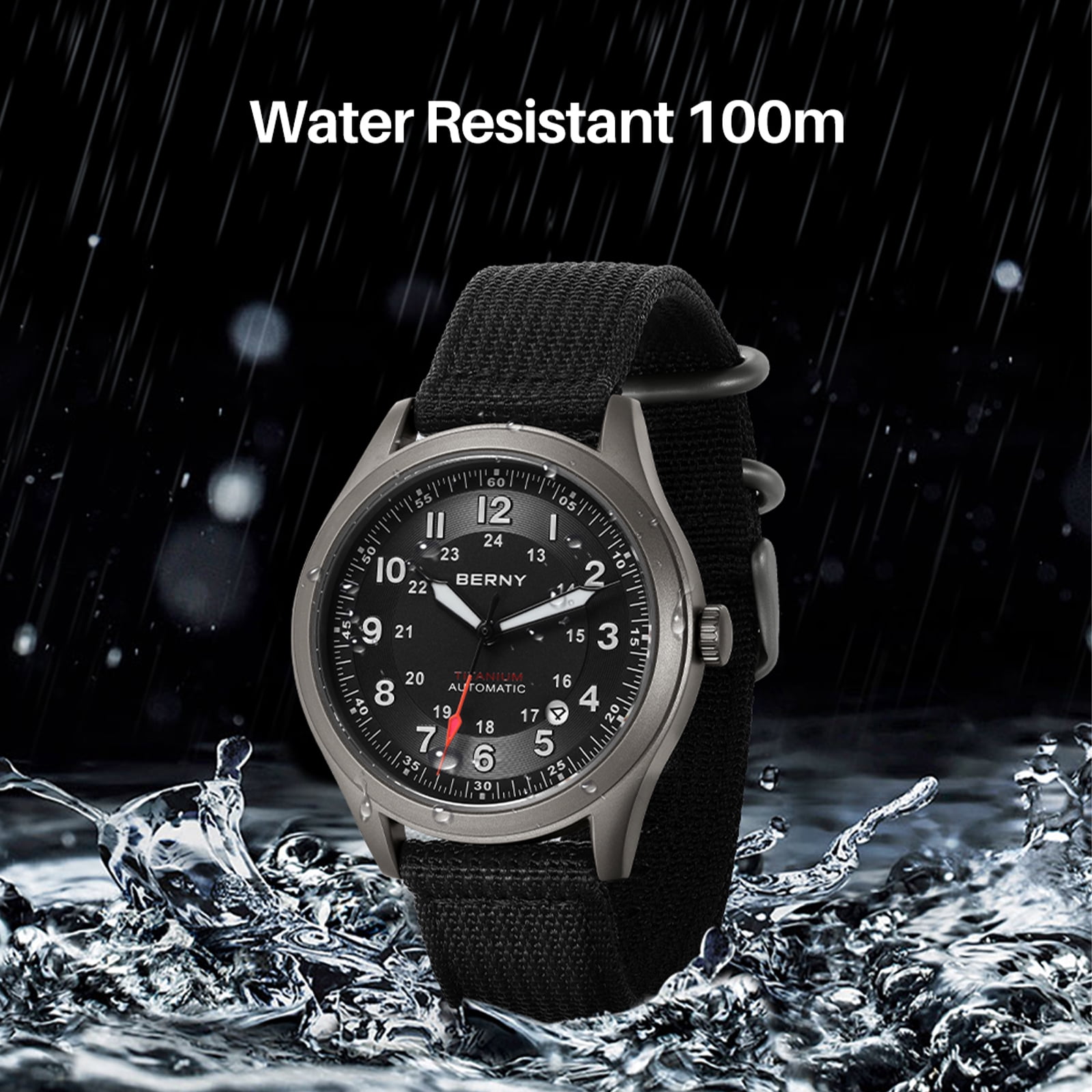 BERNY Automatic Watches for Men Military Sport Nylon Strap Titanium Field Watch with Date Sapphire Crystal Luminous Analog Mechanical Watch 100M Waterproof Army Tactical Casual Wristwatch (Black)
