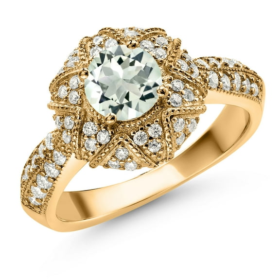 Gem Stone King 18K Yellow Gold Plated Silver Green Prasiolite and White Moissanite Engagement Ring for Women (1.19 Cttw, Center 6MM, Gemstone, Available in Size 5, 6, 7, 8, 9)