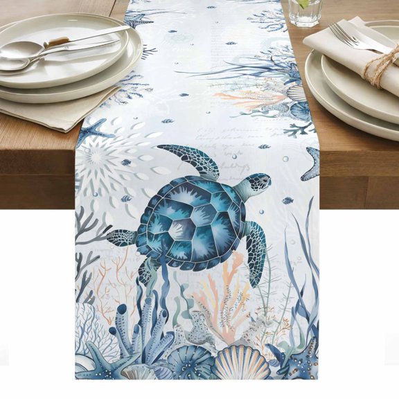 Summer Sea Turtle Table Runner - 120 Inch Long, Kitchen Dining Table Runner Dresser Scarves, Vintage Ocean Coastal Coral Flower Farmhouse Decor for Coffee Tables Wedding Party Banquet