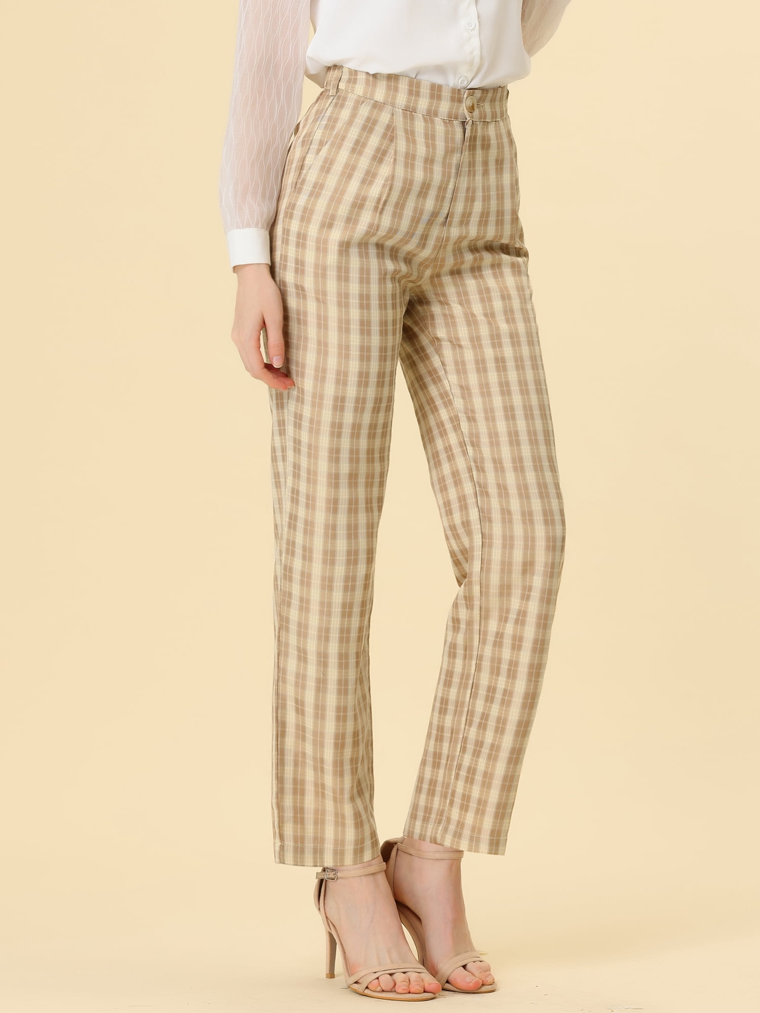 DARING DIVA Women's Plaid Trousers Pockets Straight Leg Casual Pant XS Light Khaki Beige