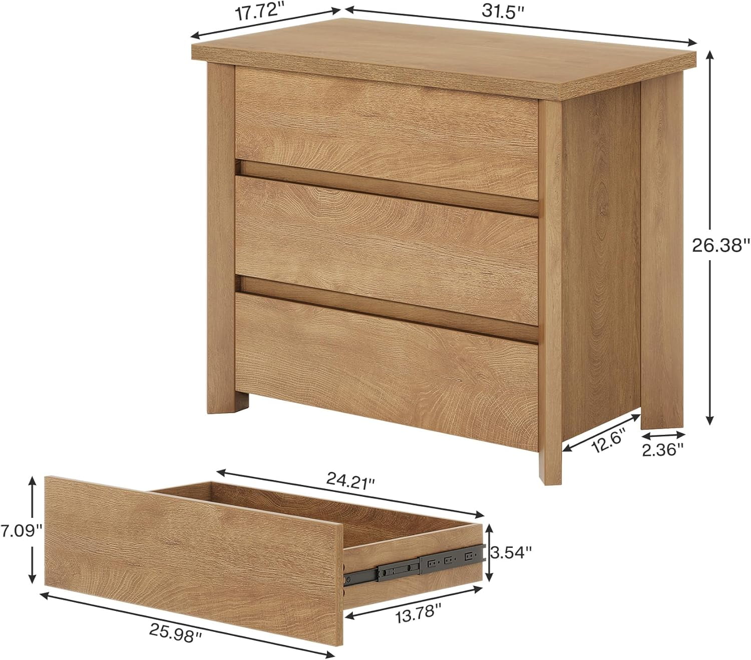 Tribesigns Wood Nightstand with 3 Drawers, Farmhouse Large Bedside Table with Storage for Bedroom, Living Room (Rustic Brown, 2pcs)
