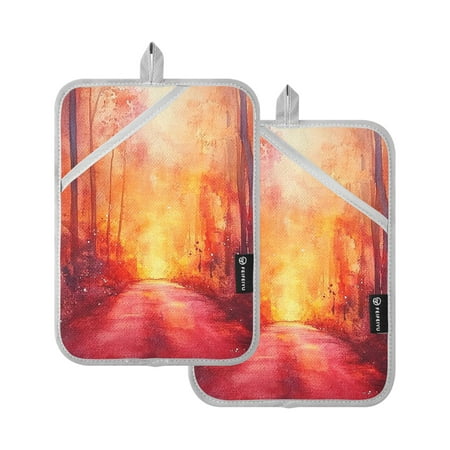 

Watercolor Sunset Forest Path Oven Mitts Pot Holders 2 pcs Heat Resistant for Kitchen Baking Grilling