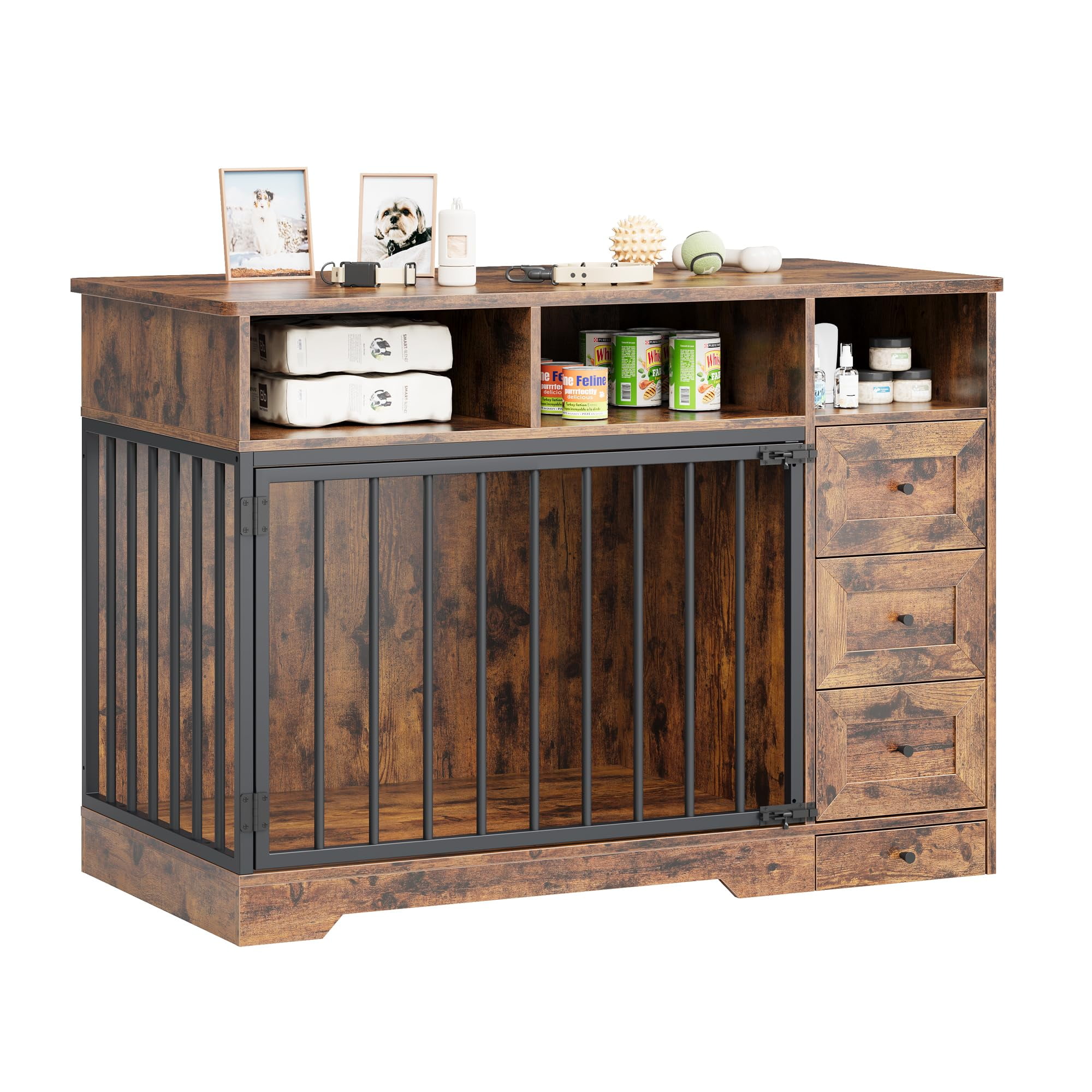 Studyset 48 Inch Dog Crate Furniture,Wooden Dog Kennel Indoor with Dog Bowl & Storage Drawers,Modern Pet Cage Side End Table,Heavy Duty Pet Crate Table for Medium Small Dogs for Living Room,Entryway