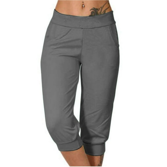 Sakmal Slim Leg Women's Pants Casual Gray Stretchy Mid Rise Elastic Waist Plain Midi Capris