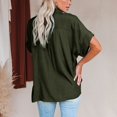 thumbnail image 3 of Camisa verde oliva de manga corta, holgada, de botonadura sencilla, cuello vuelto, diseño de color puro, talla M para mujer, 3 of 3