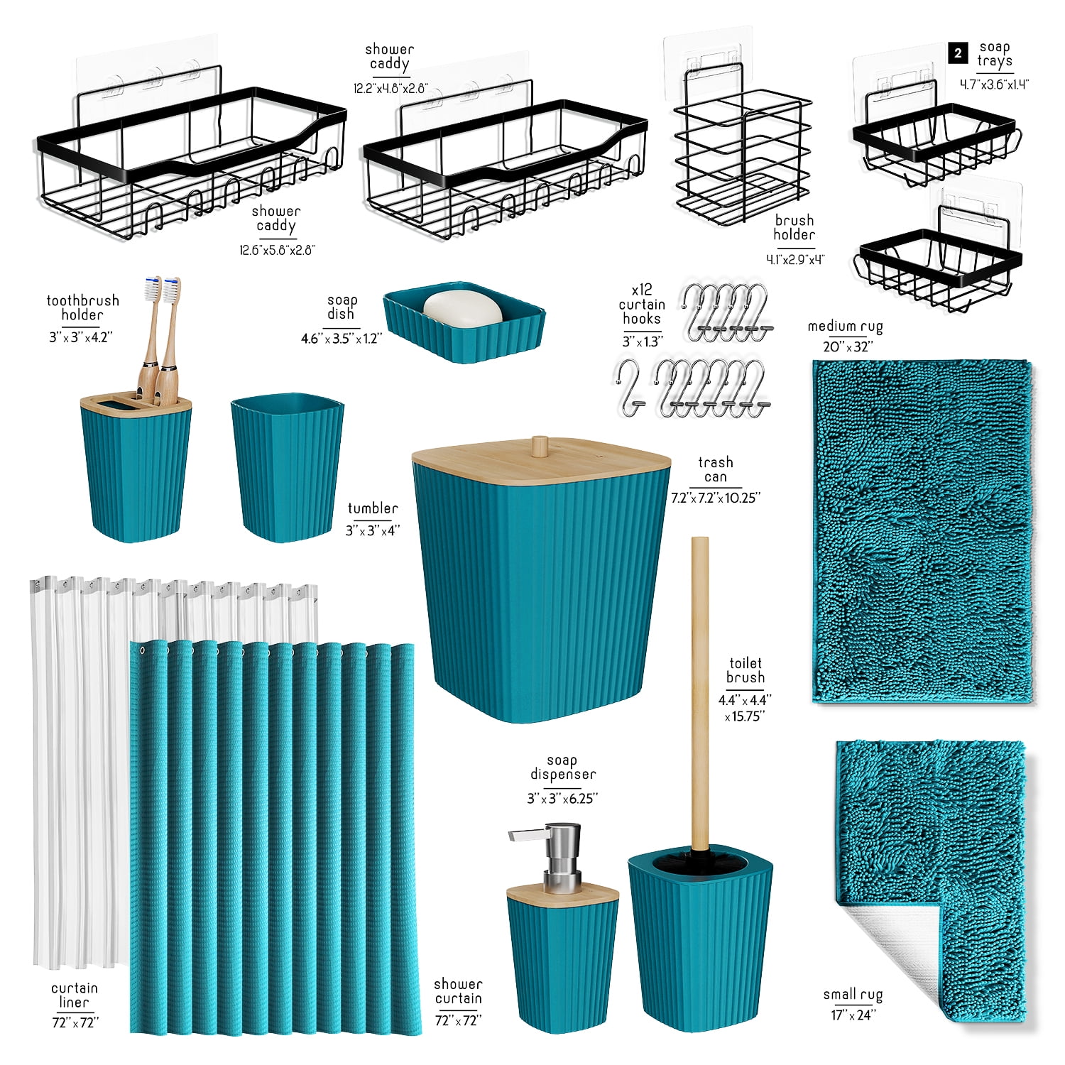 Lammaloe Teal Bathroom Accessories Sets and Shower Caddy for Bathroom Sets with Shower Curtain Sets and Rugs and Accessories for Bathroom Decor with Toothbrush Holder