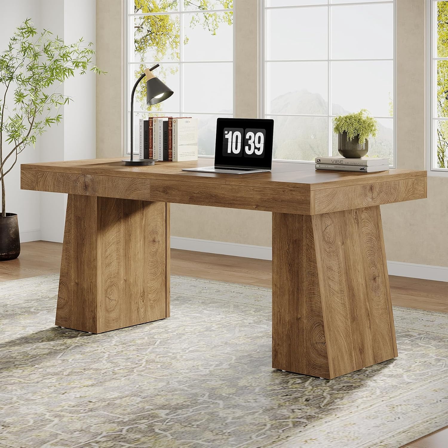Tribesigns 55" Executive Desk, Mid-Century Home Office Desk with Double Trapezoid Base, Versatile Workstation Desk or Small Conference Table, Natural