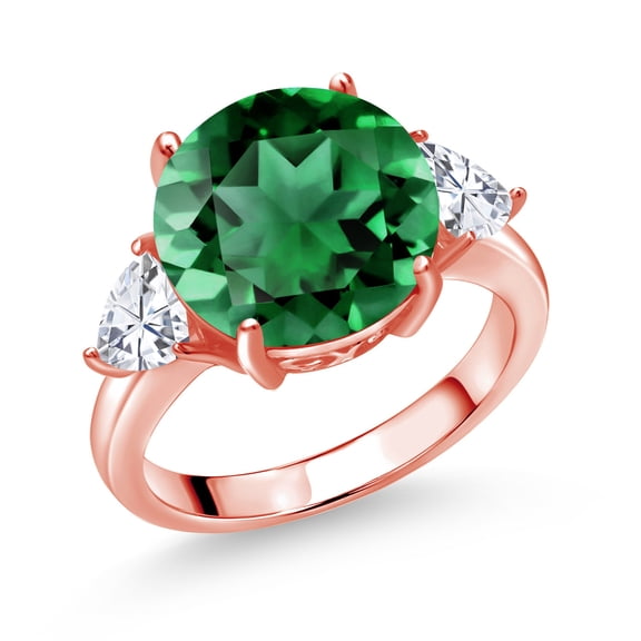 Gem Stone King 18K Rose Gold Plated Silver Green Nano Emerald and White Moissanite 3-Stone Ring for Women (5.94 Cttw, Round 12MM, Trillion 5MM, Size 8)