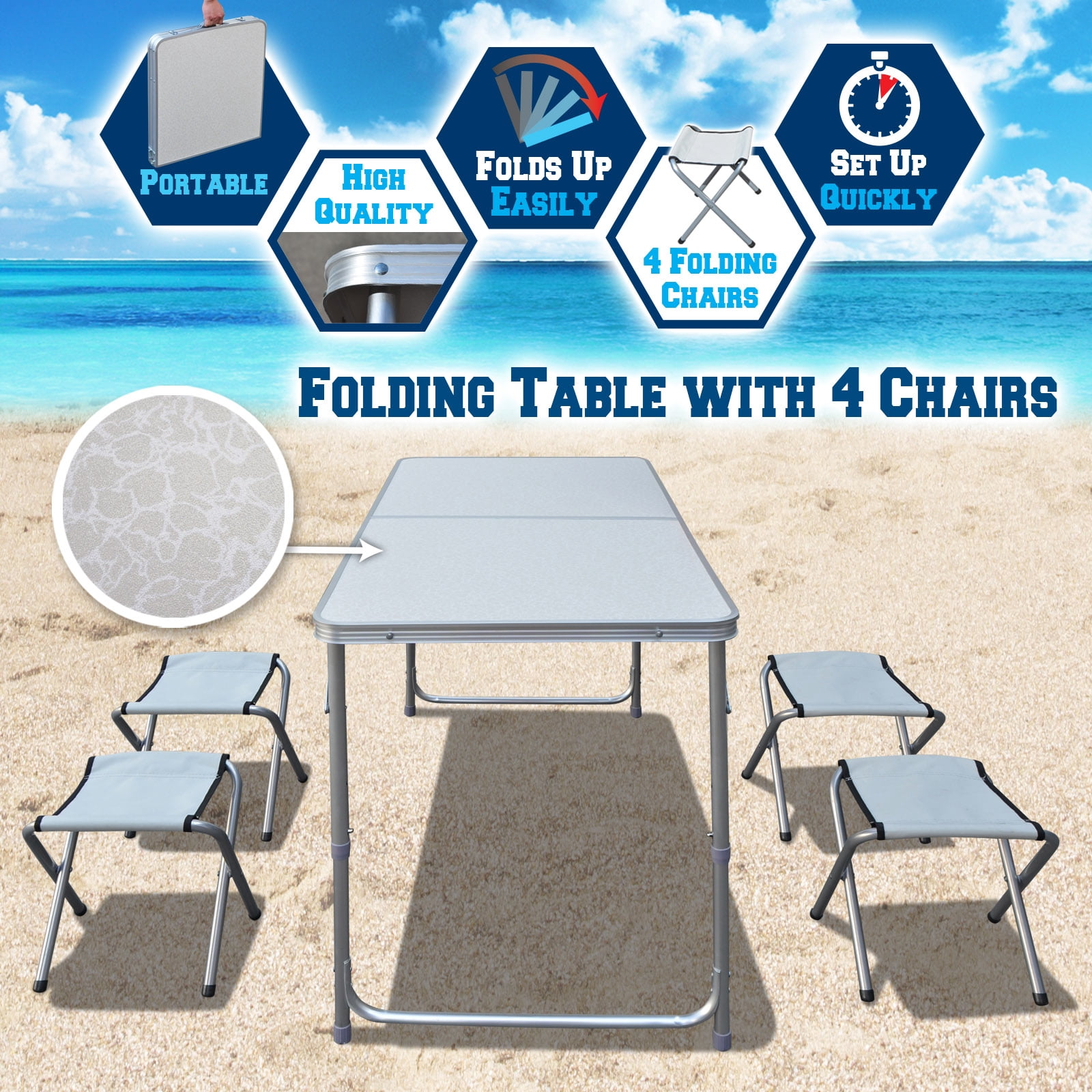 Sunrise Foldable, Adjustable Camping, Picnic Table, with 4 Chairs, for Outdoor or Indoor Use, White Color