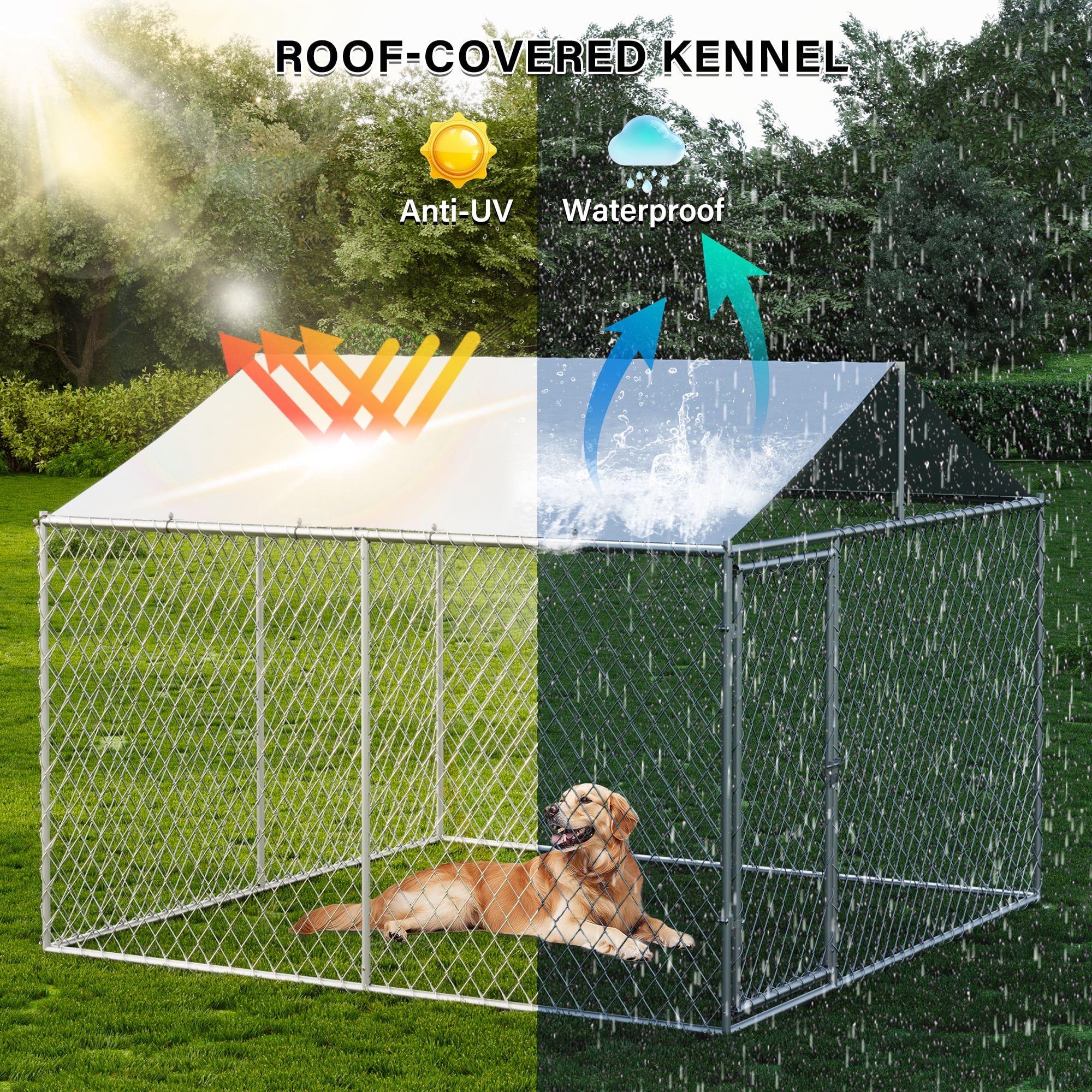 LAUSAINT HOME 7.5' x 7.5' Outdoor Dog Kennel with Roof, Heavy-Duty Steel Dog Cage with Lock for Backyard