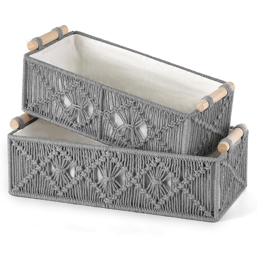 Grey Woven Decorative Storage Baskets Set of 2 for Home Organization