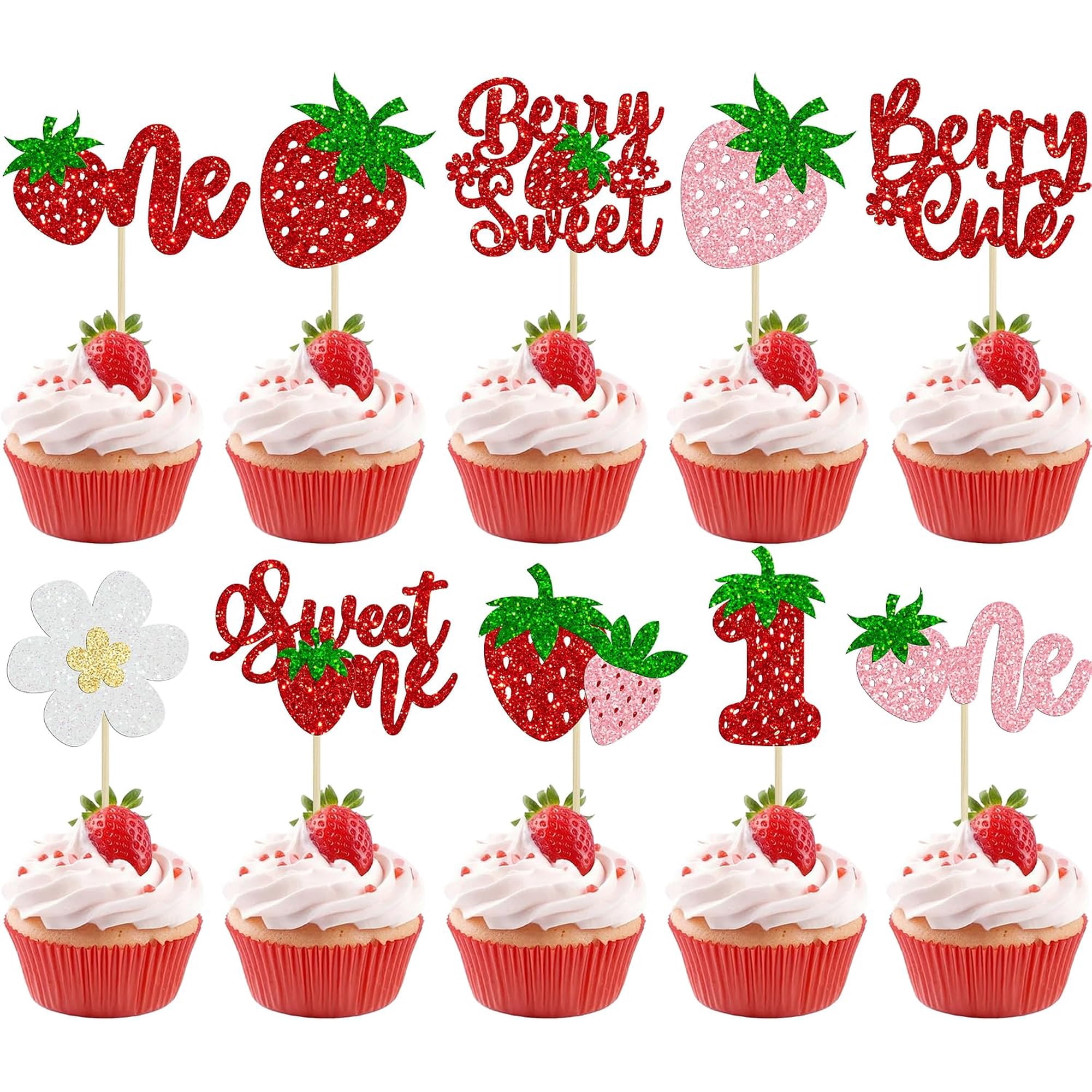 10Pcs Multicolor Glitter Strawberry 1st Birthday Cupcake Toppers Sweet One Berry Cute Themed Cake Picks for Girl s First Birthday