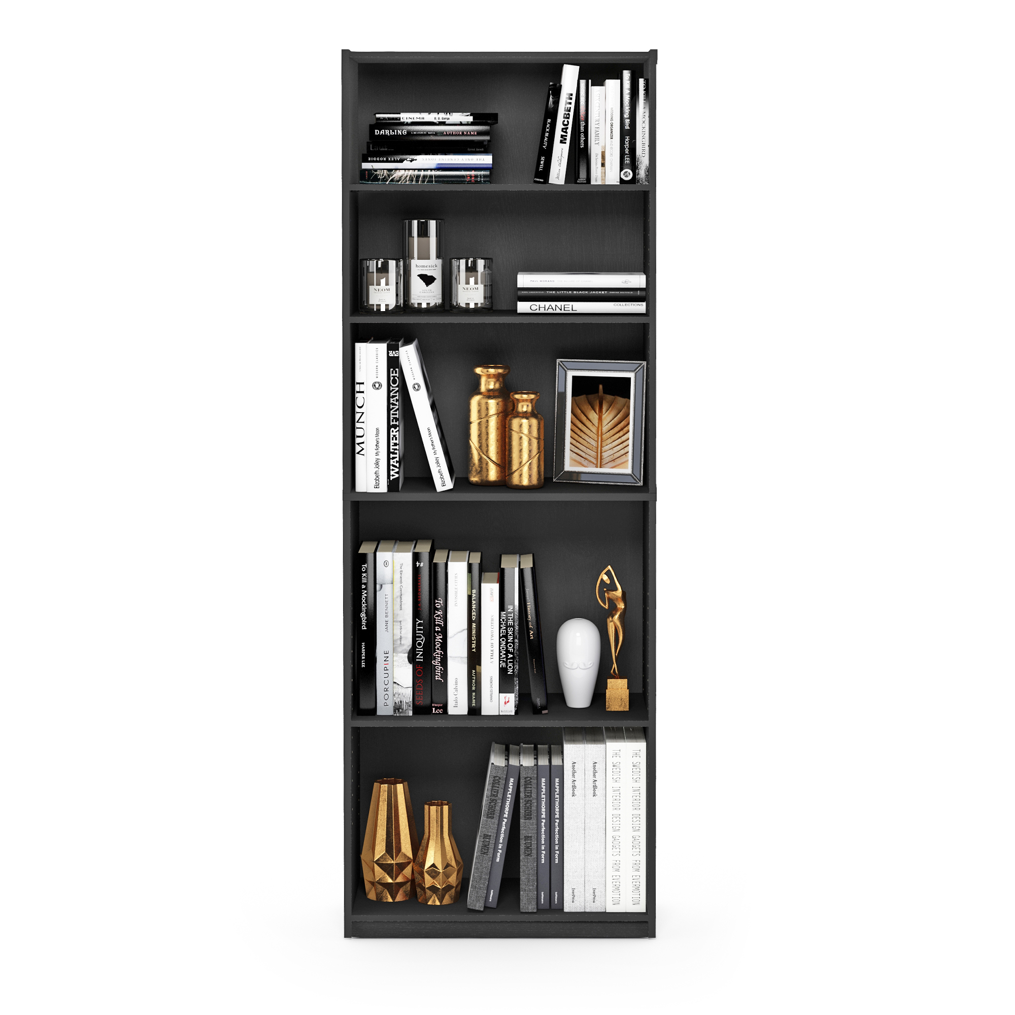 Furinno JAYA Book shelf, 5-Tier Bookshelf, Bookcase with Adjustable Shelves, 9.5 x 24.5 x 71.2, for Living Room, Bedroom, Home Office, Darkwood