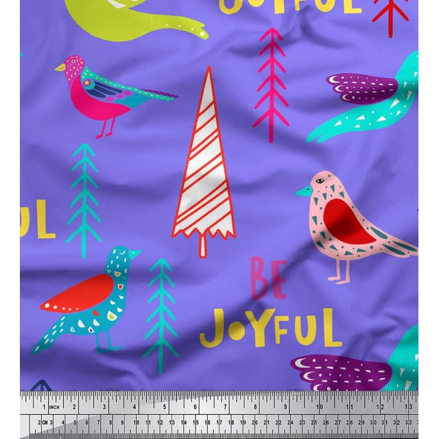 Soimoi Purple Cotton Voile Fabric Text & Bird Artistic Printed Fabric 1 Yard 42 Inch Wide