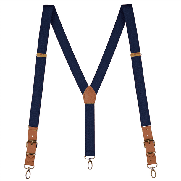 Buyless Fashion Leather End Suspenders for Men - 48 Elastic Adjustable  Straps 1 1/4 - Y Back with Metal Hooks 