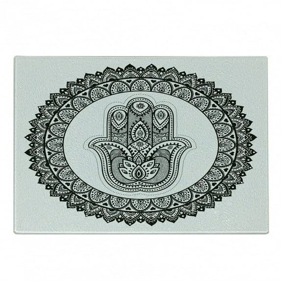 Ethnic Cutting Board, Eastern Oriental Hand Tattoo Mandala Floral Work of Art Print Illustration, Decorative Tempered Glass Cutting and Serving Board, Small Size, White Black, by Ambesonne