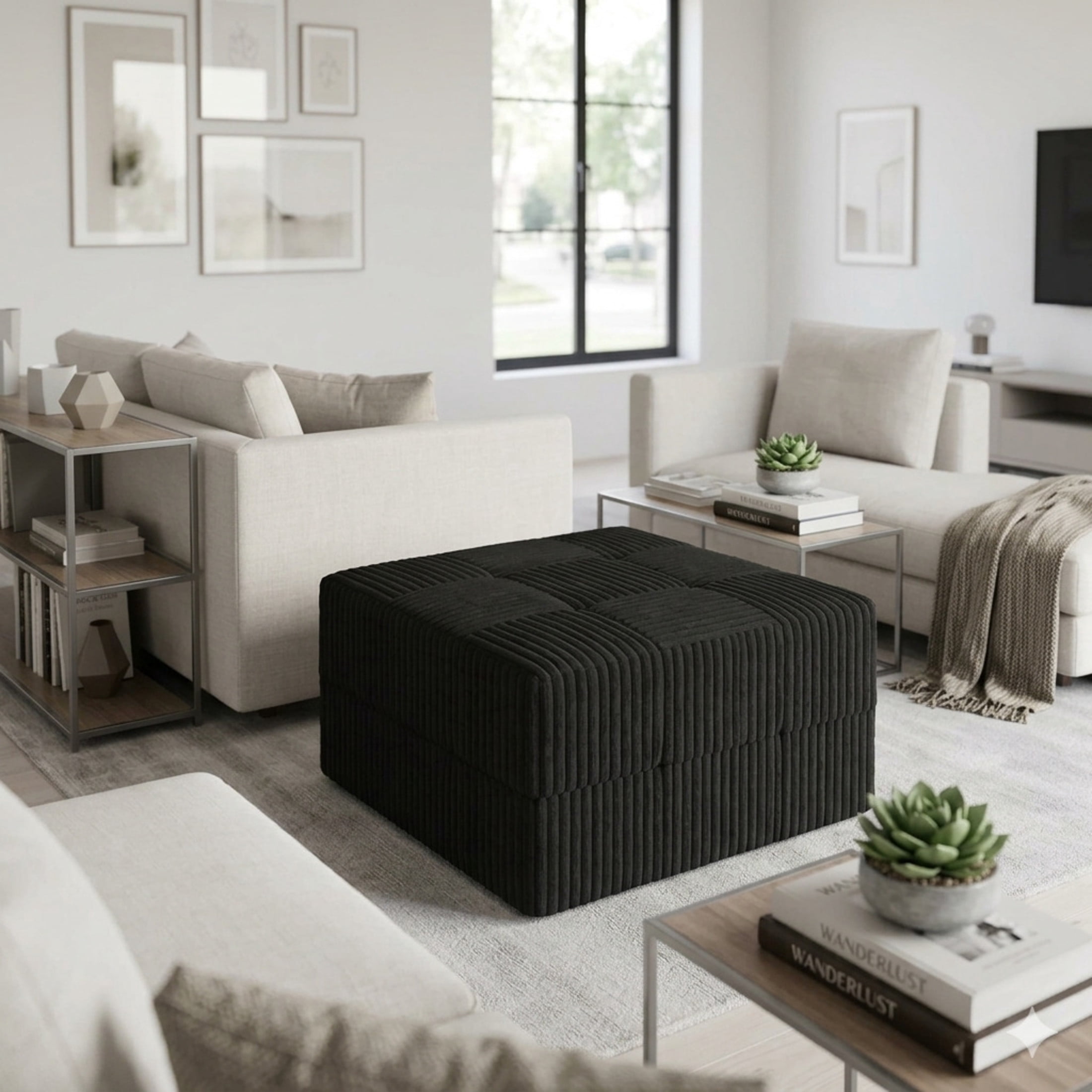 Noble House Arvion 33" Comfy Ottoman Compressed Sectional Sofa, Modular Minimalist Corduroy Sleeper Couch, Black