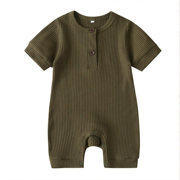 ZAXARRA Newborn Baby Short Sleeve Jumpsuit Solid Color Knit Rib O Neck Button Romper
