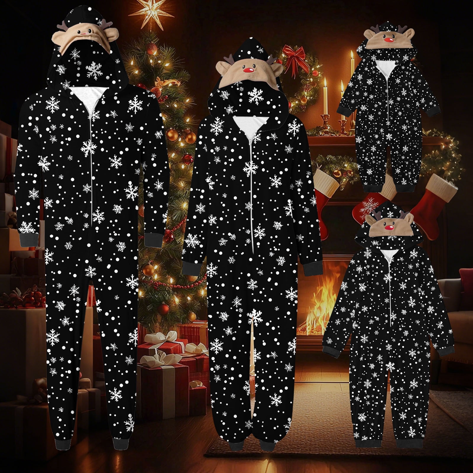 SwiftWear Black Snowflake Couples Family Christmas Pajamas Matching Onesie Set with Reindeer Hood Winter Design Loungewear